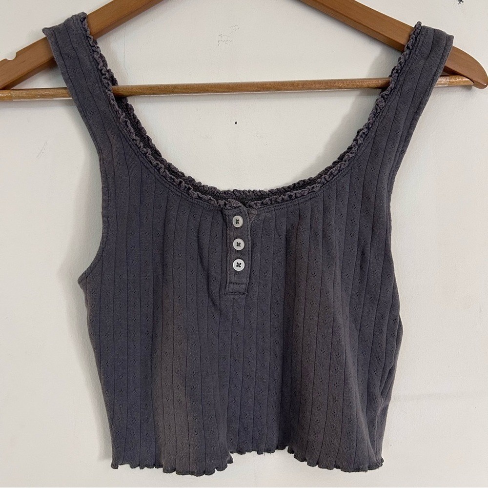 American Eagle Crop Top Casual S Gray Excellent Y2K Pointelle Henley Tank